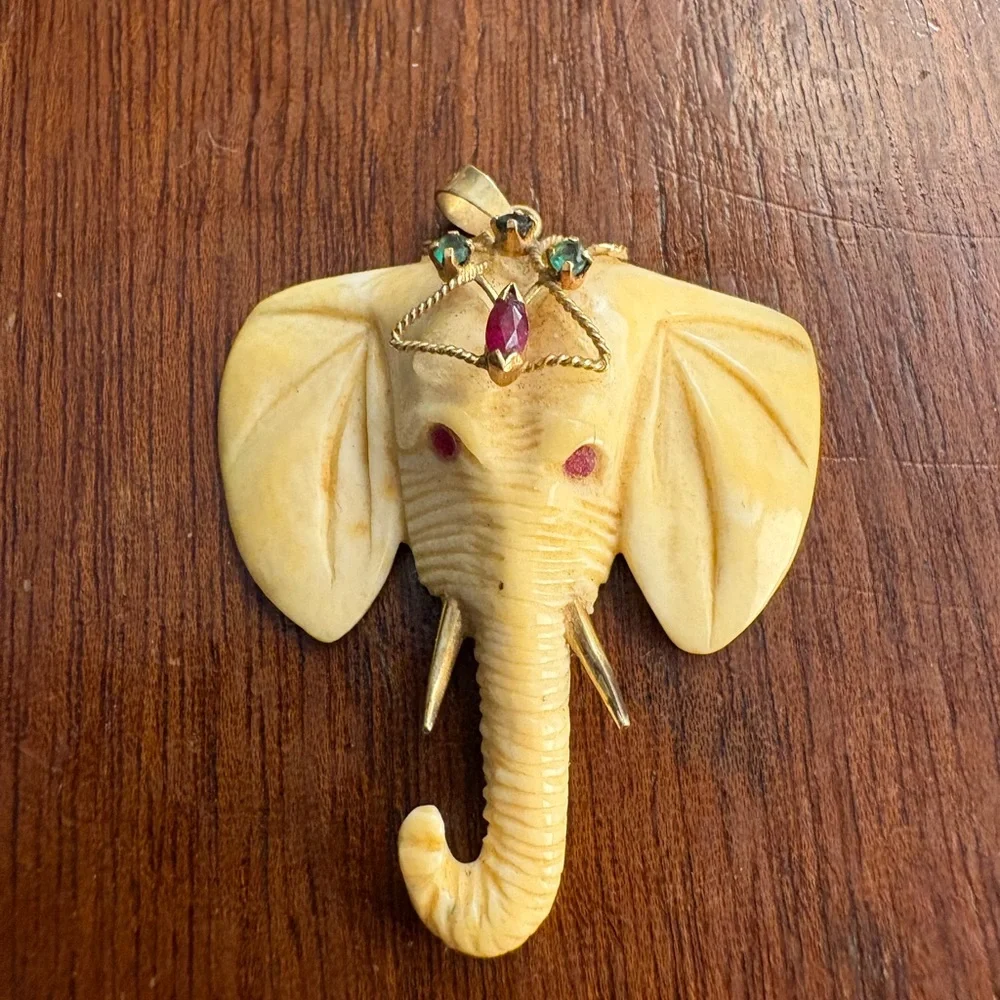 Contemporary Elephant Pendant w 14k Yellow Gold and Ruby/Sapphire/Emerald - Picture 3 of 6